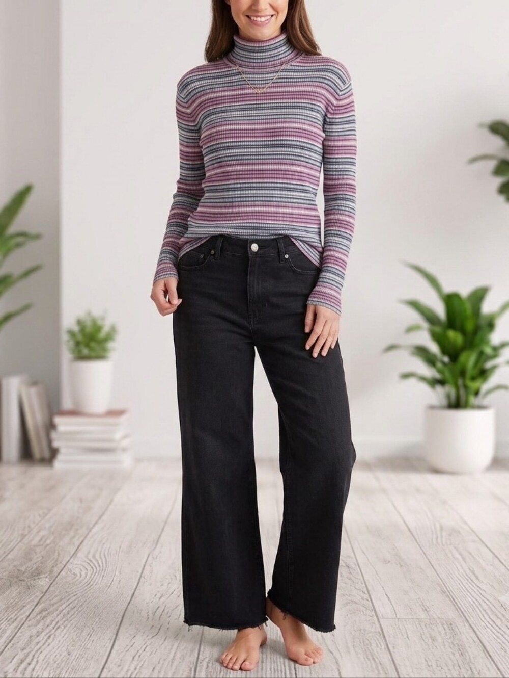 Vintage Penmans Striped Ribbed Turtleneck Sweater Purple Blue Y2K Large L 12/14